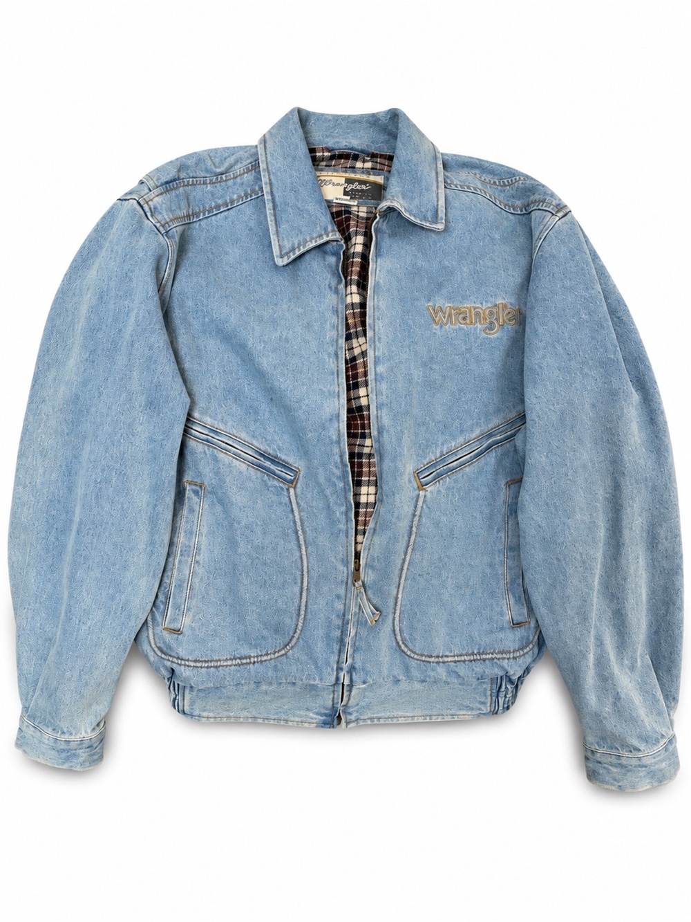 Vintage Wrangler Light Blue Denim Shirt Jacket with Plaid Lining